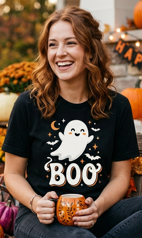 Women's black Halloween BOO ghost t-shirt worn in a cozy fall pumpkin patch setup.