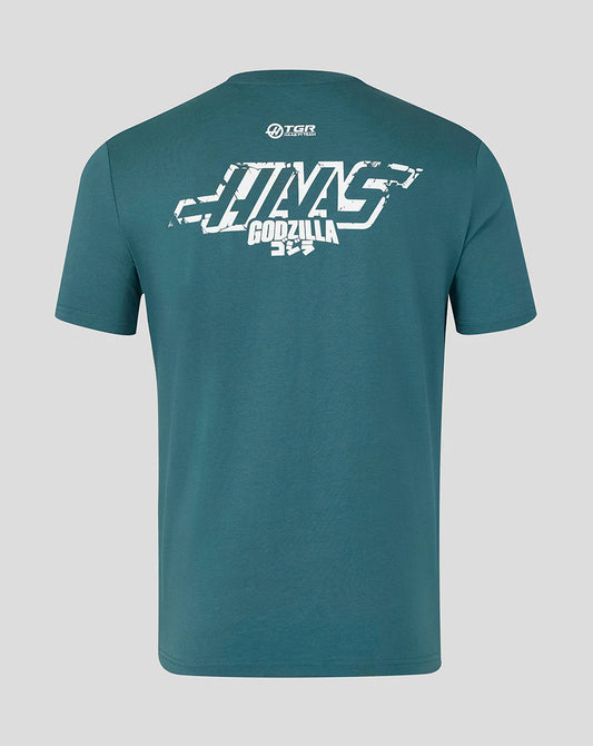 Back view of the green Godzilla x Haas F1 collaboration tee featuring the white team and monster logo graphic printed on the upper back