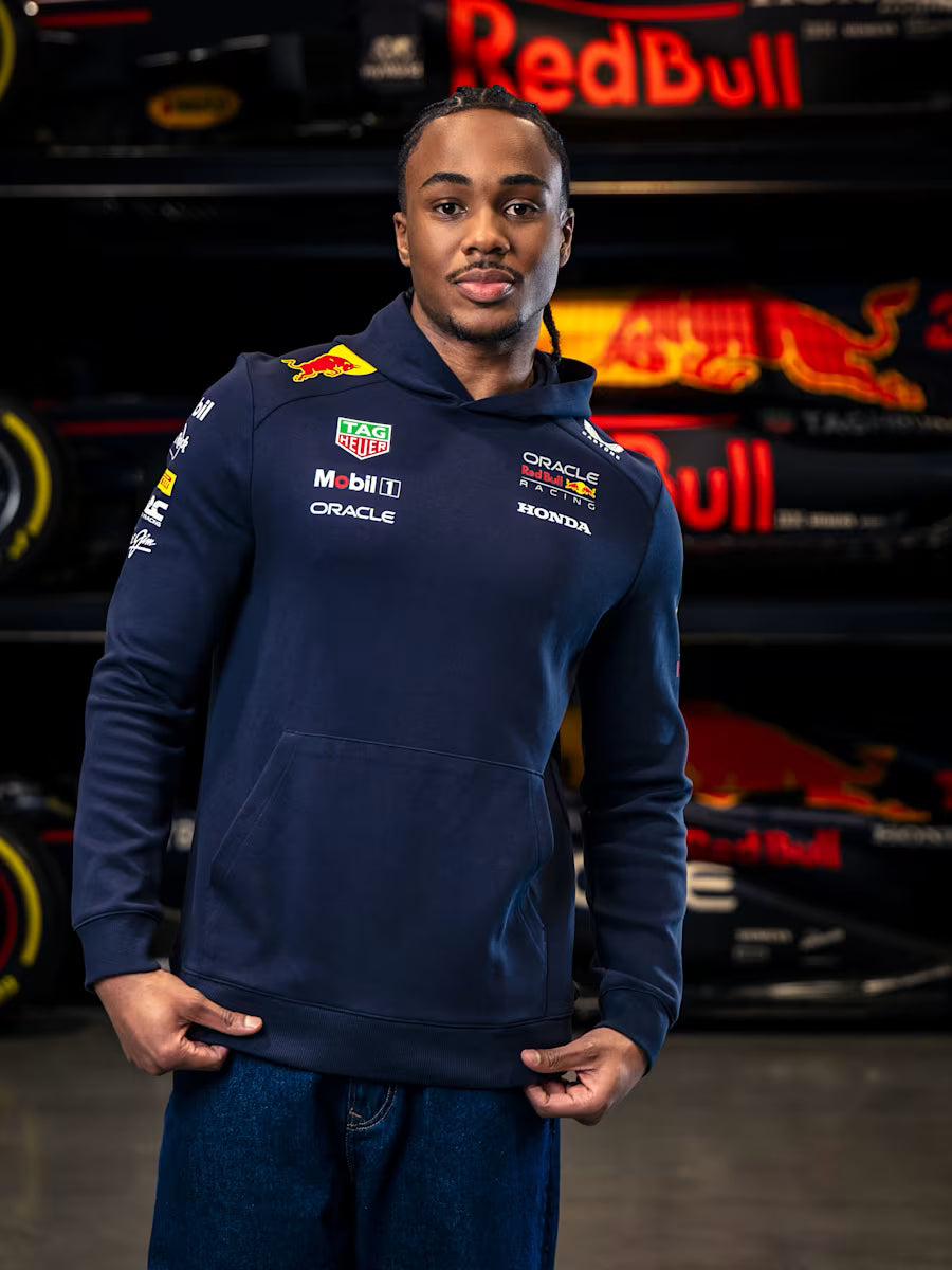 Red Bull Racing hoodie showing navy and red livery with premium fleece construction