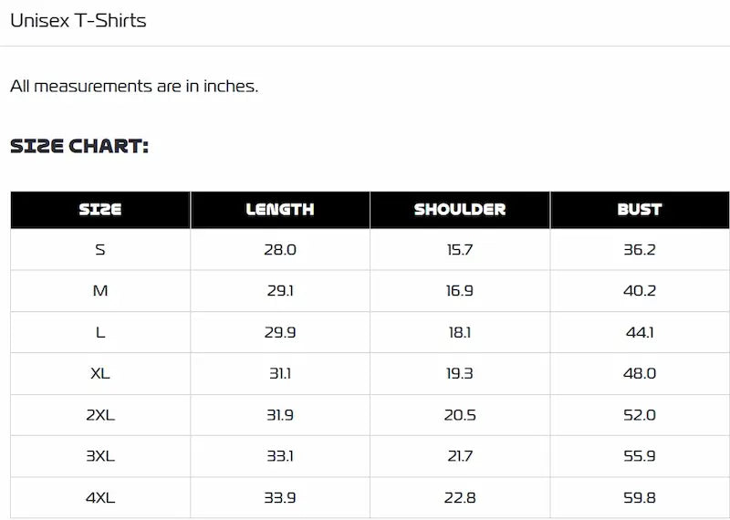 Size chart for unisex t-shirts with measurements in inches.
