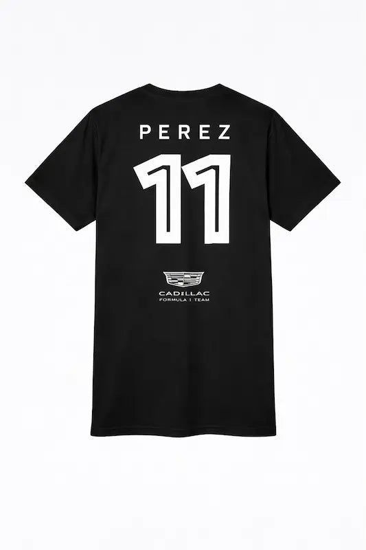 Black t-shirt with 'Perez 11' and Cadillac logo on a white background