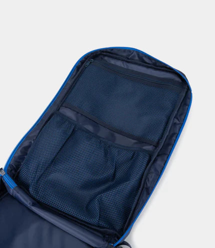 Open navy blue backpack on a white background