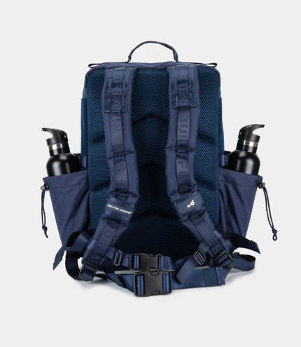 Navy blue backpack with water bottles on a light gray background
