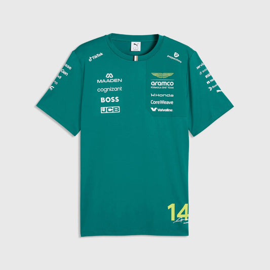 Fernando Alonso Aston Martin F1 2026 replica t-shirt front view with Racing green livery and official logos