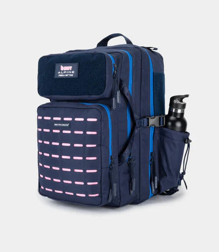 Navy blue backpack with pink accents on a light gray background