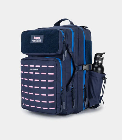 Navy blue backpack with pink accents on a light gray background