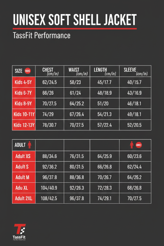 Size chart for Unisex Soft Shell Jacket by TassFit Performance on a dark background