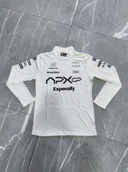 Close-up detail of the moisture-wicking fabric texture and printed APXGP logo