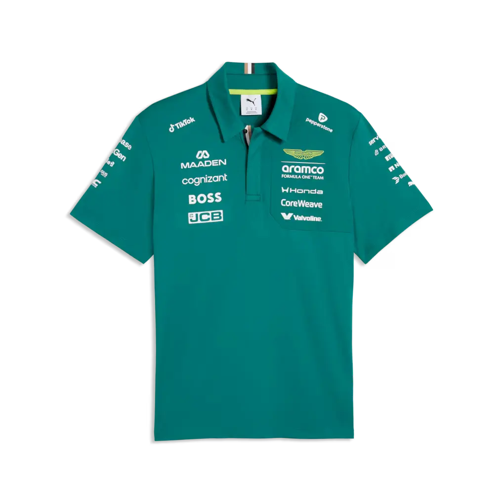 Aston Martin Aramco F1 Team 2026 Team Polo Shirt Replica - British Racing Green Lime Black Front View