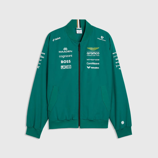 Aston Martin F1 Team 2026 Bomber Jacket Replica - British Racing Green Black Gold Front View