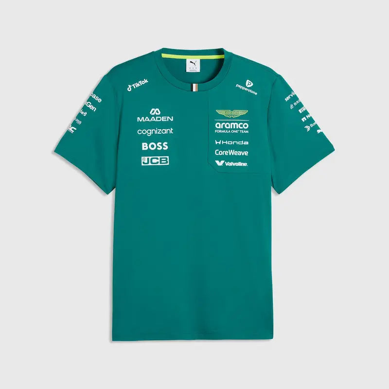 Aston Martin F1 Team 2026 replica t-shirt front view with Racing green livery and official logos