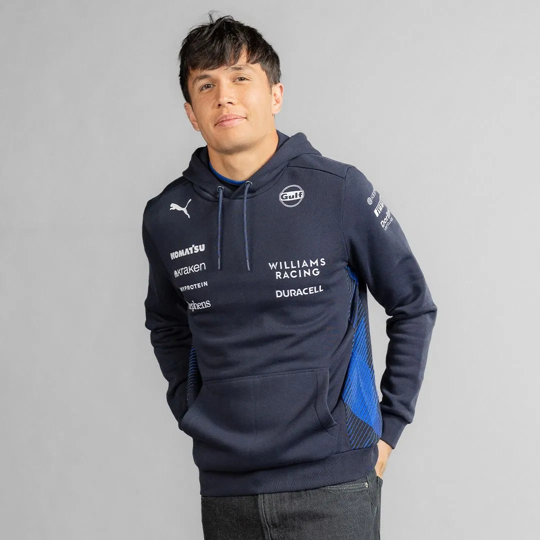 Williams Racing and Atlassian logo detail on 2025 F1 team hoodie with sublimation print