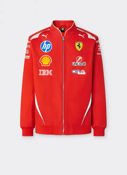 Puma Scuderia Ferrari HP 2026 bomber jacket replica front view with Ferrari red livery and official logos