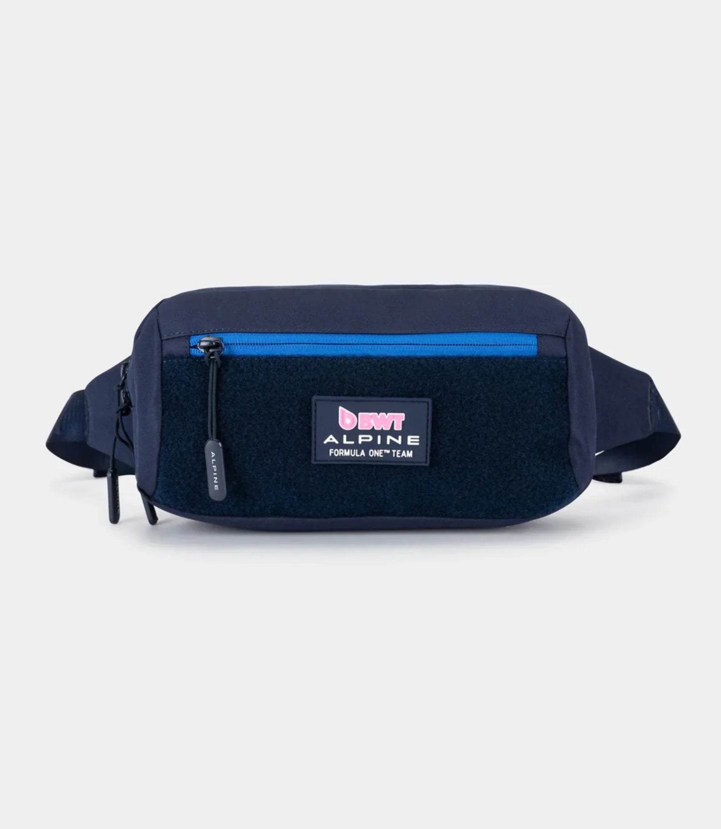 Straight front view of the navy blue Built for Athletes BWT Alpine F1 Team crossbody bag showing the front zip, Velcro panel, and team patch.