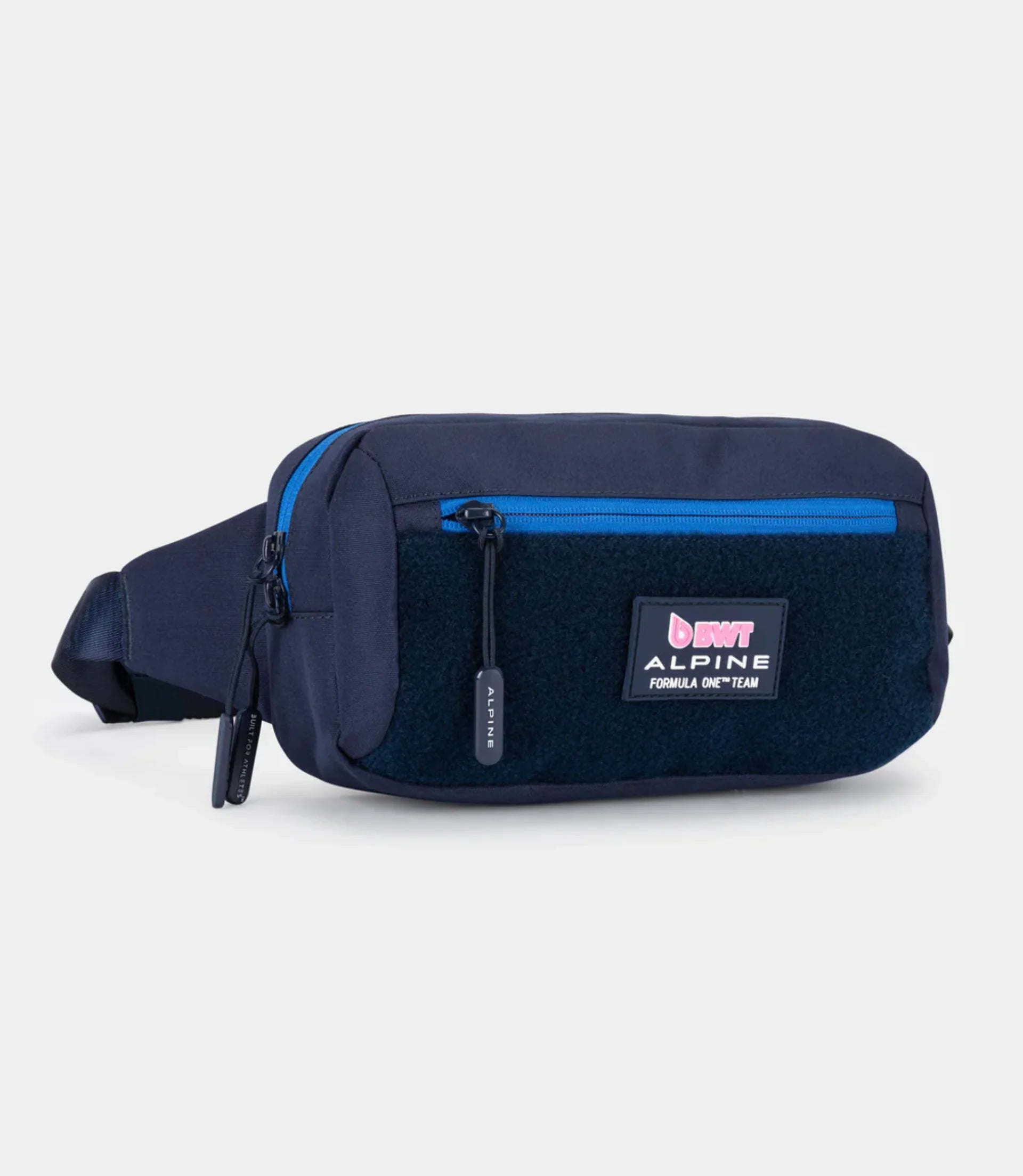Navy blue waist bag with a visible brand logo on a light gray background