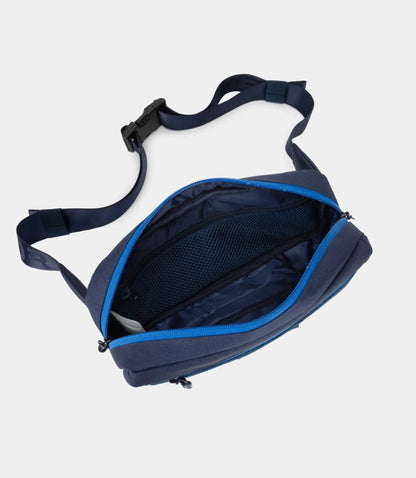 Navy blue waist bag with a strap on a white background