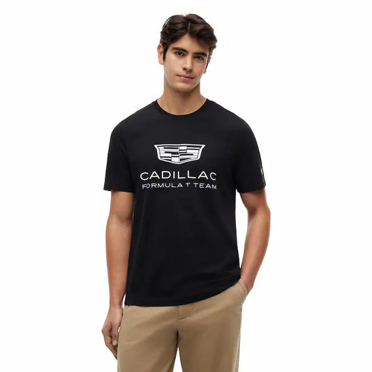 Front view of the black Cadillac x Tommy Hilfiger F1 Big Logo T-shirt featuring the large 2026 team crest and premium knitted cotton texture.