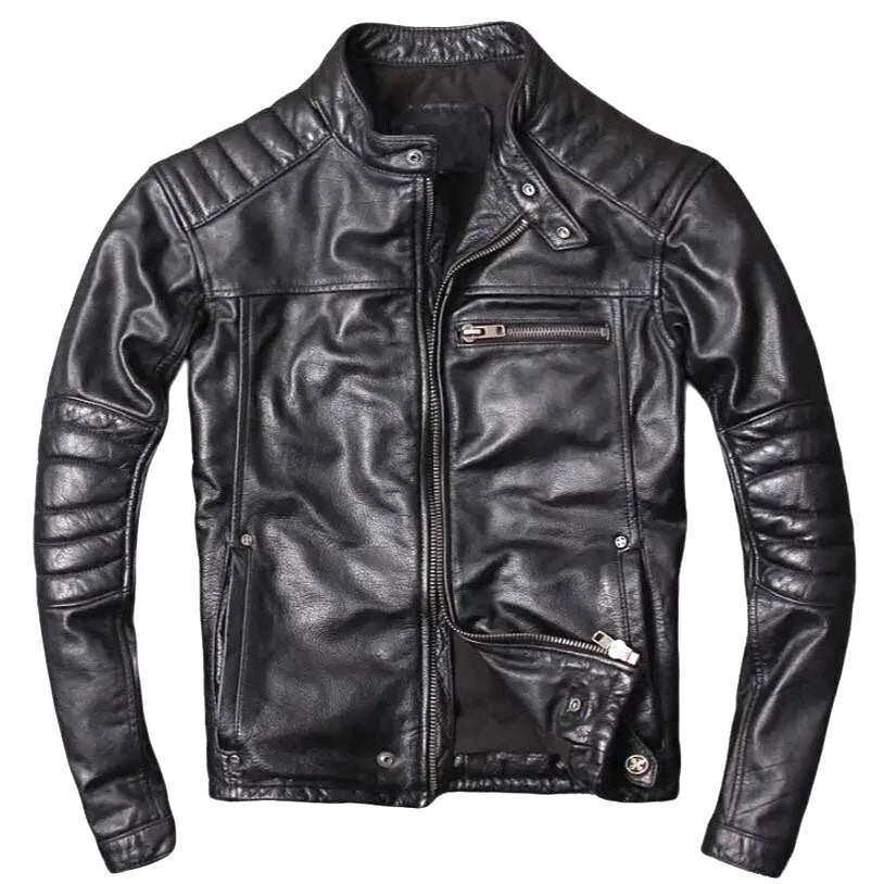Cafe Racer Men's Black Leather Motorcycle Jacket - Genuine Soft Sheepskin Biker Style - Free Shipping