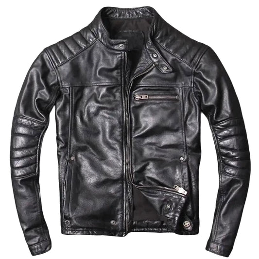 Cafe Racer Men's Black Leather Motorcycle Jacket - Genuine Soft Sheepskin Biker Style - Free Shipping