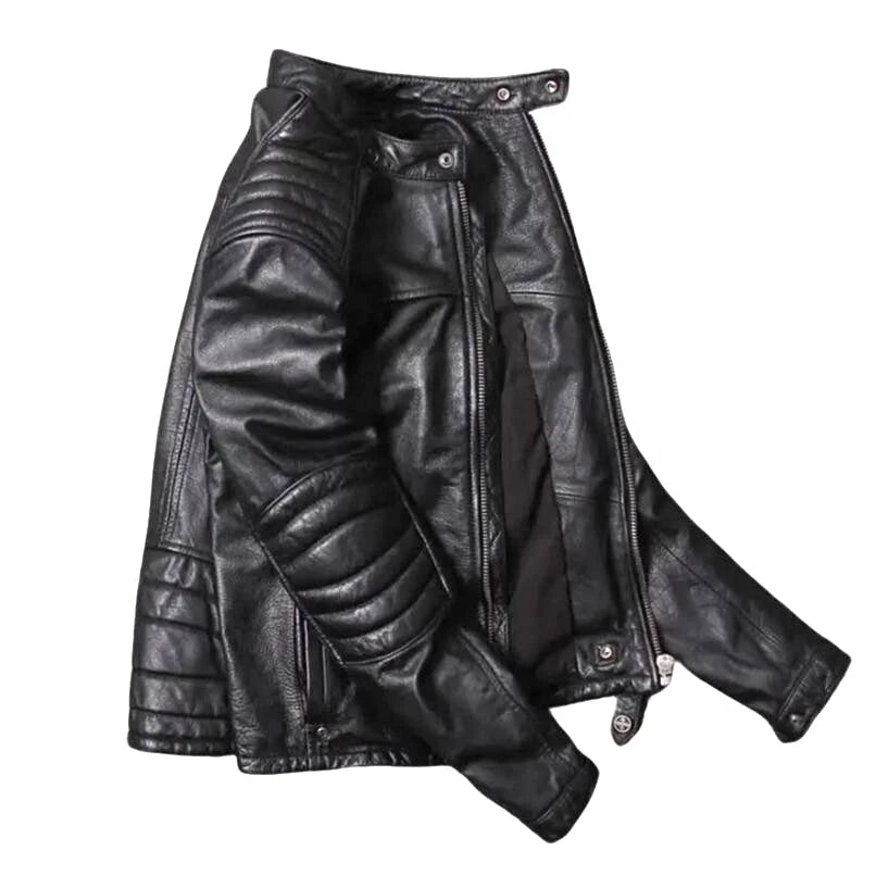 Cafe Racer Men's Black Leather Motorcycle Jacket - Genuine Soft Sheepskin Biker Style - Free Shipping