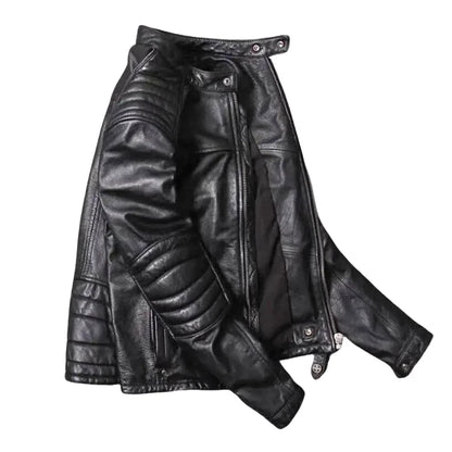 Cafe Racer Men's Black Leather Motorcycle Jacket - Genuine Soft Sheepskin Biker Style - Free Shipping