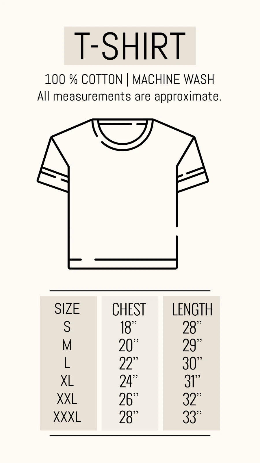 Unisex T-shirt size chart with measurements for chest, length, and fit guide