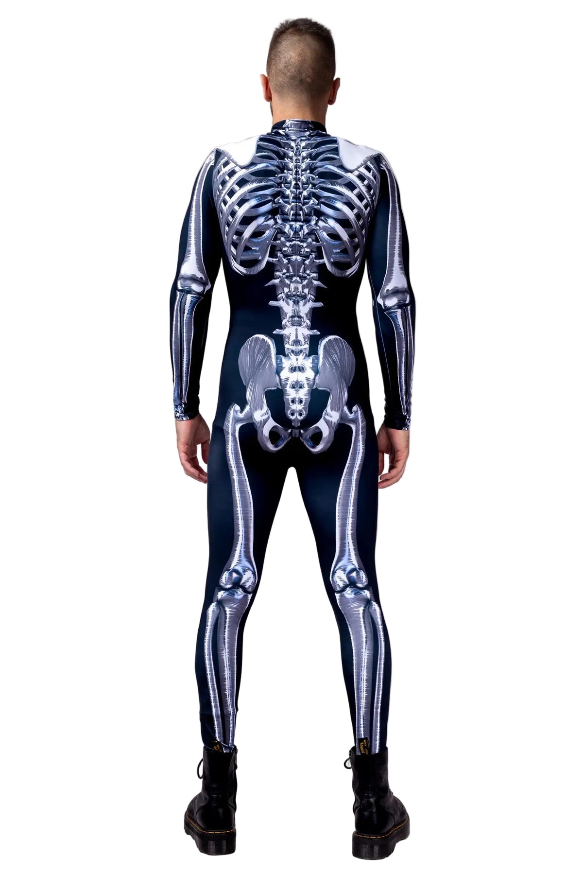 Close-up detail of robust hidden front zipper and high-definition sublimated skeleton print on Lycra fabric