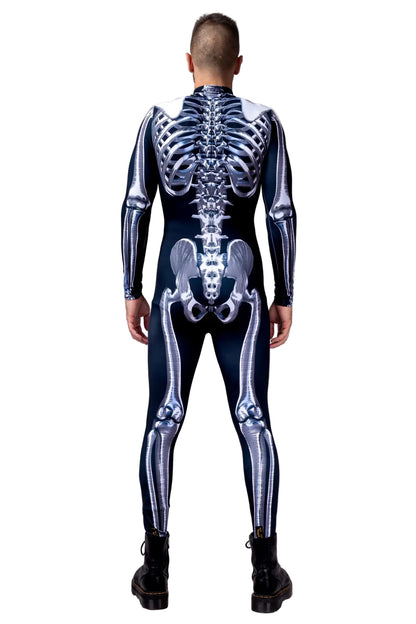 Close-up detail of robust hidden front zipper and high-definition sublimated skeleton print on Lycra fabric