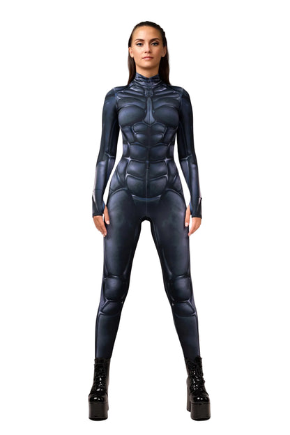 Front view of Colossus Women's Halloween armour bodysuit with mock neck and long sleeves
