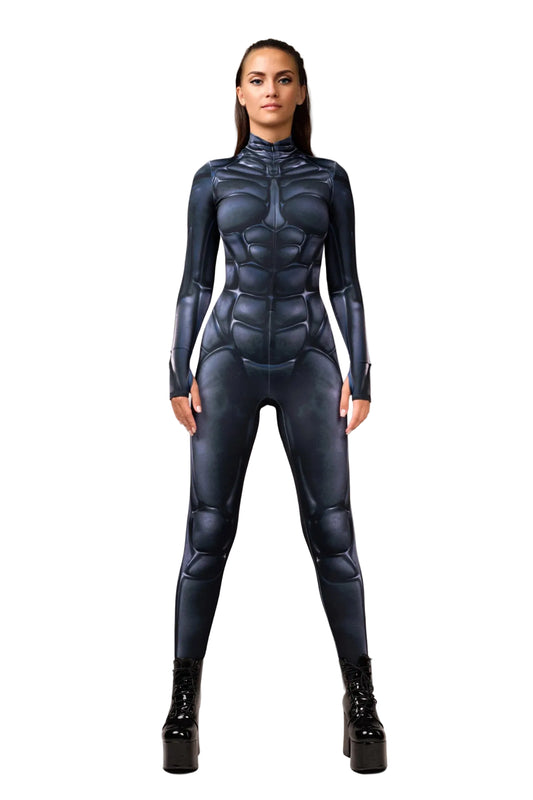 Front view of Colossus Women's Halloween armour bodysuit with mock neck and long sleeves