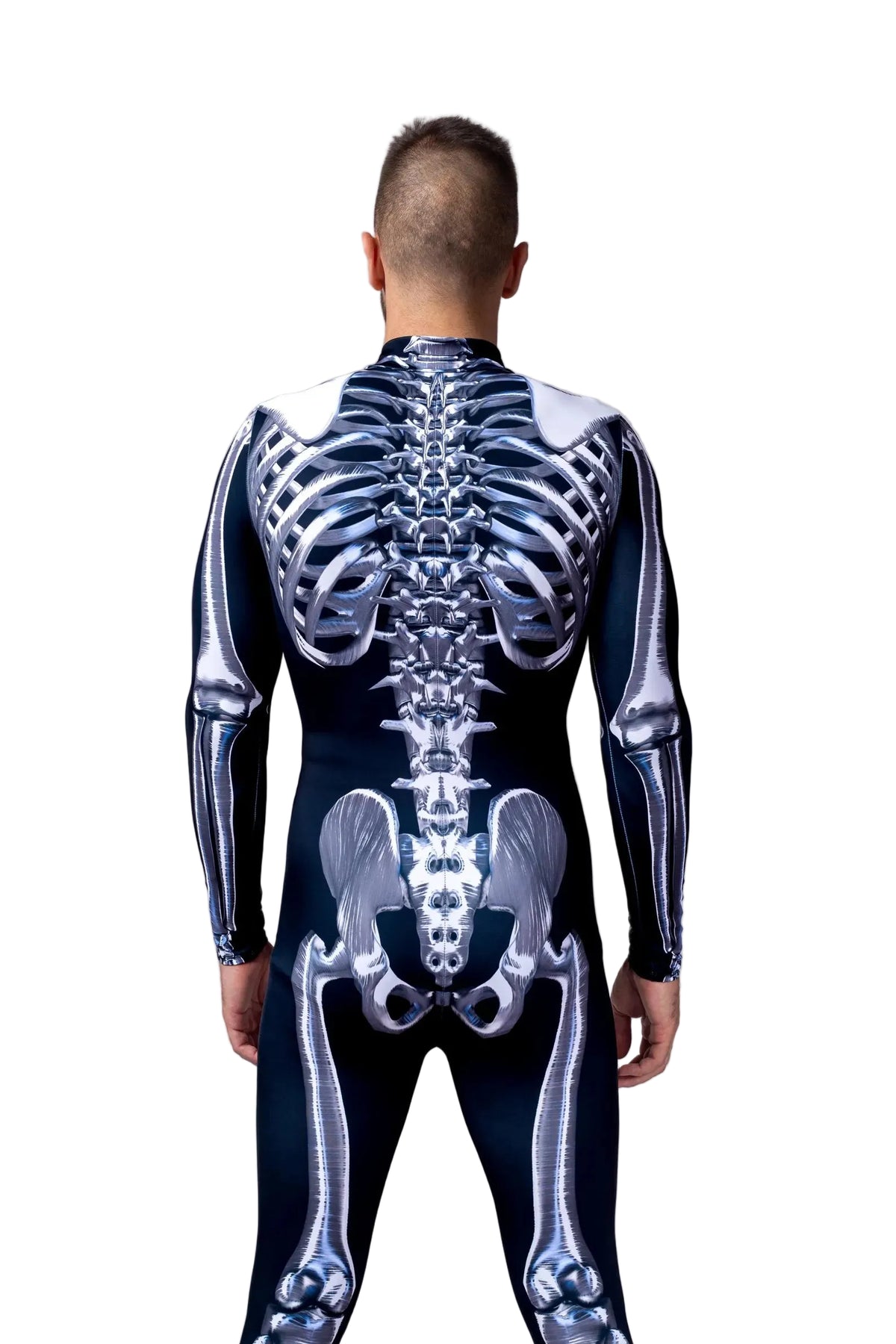 Custom name and graphic printing options on Men's sublimated skeleton Halloween costume