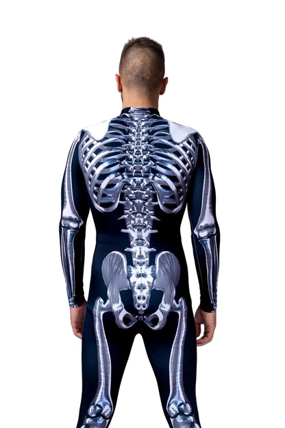 Custom name and graphic printing options on Men's sublimated skeleton Halloween costume