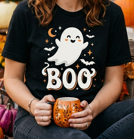 Smiling woman sitting on a porch wearing a black BOO ghost graphic t-shirt surrounded by autumn pumpkins