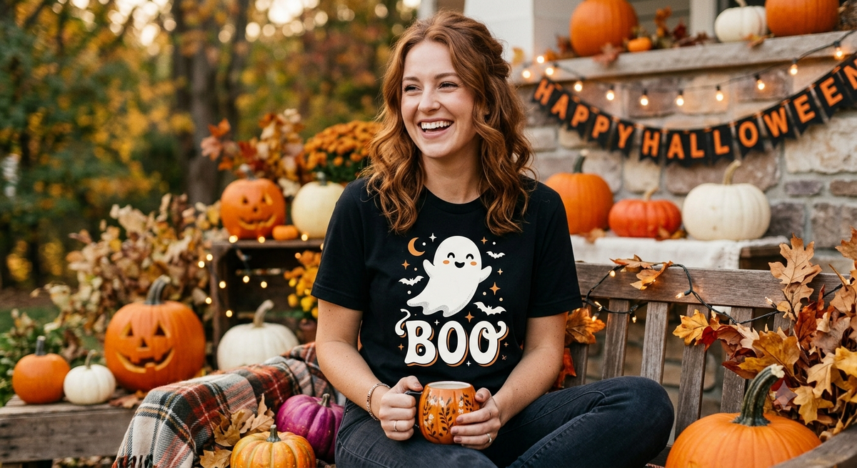 Cute cute women's Halloween ghost shirt with BOO typography and retro spooky graphic.