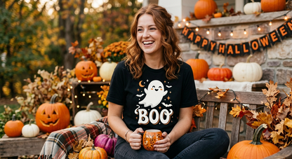 Cute cute women's Halloween ghost shirt with BOO typography and retro spooky graphic.