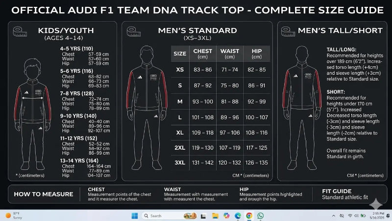 Size guide for Audi F1 team tracksuits with measurements and fit information.