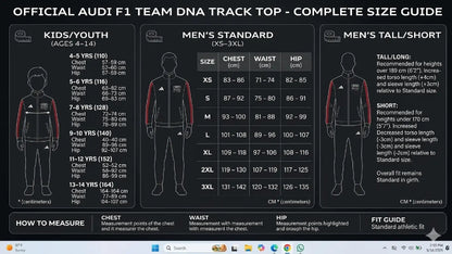 Size guide for Audi F1 team tracksuits with measurements and fit information.