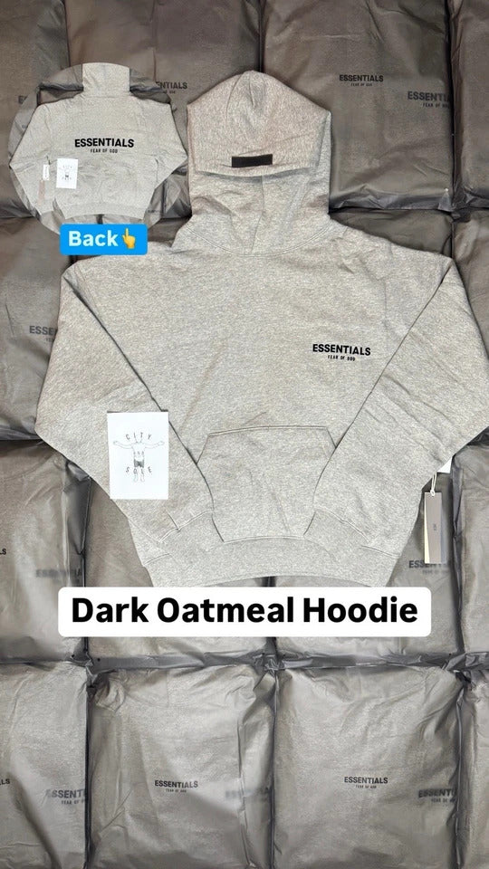 Dark oatmeal hoodie displayed on a grid of gray packaging