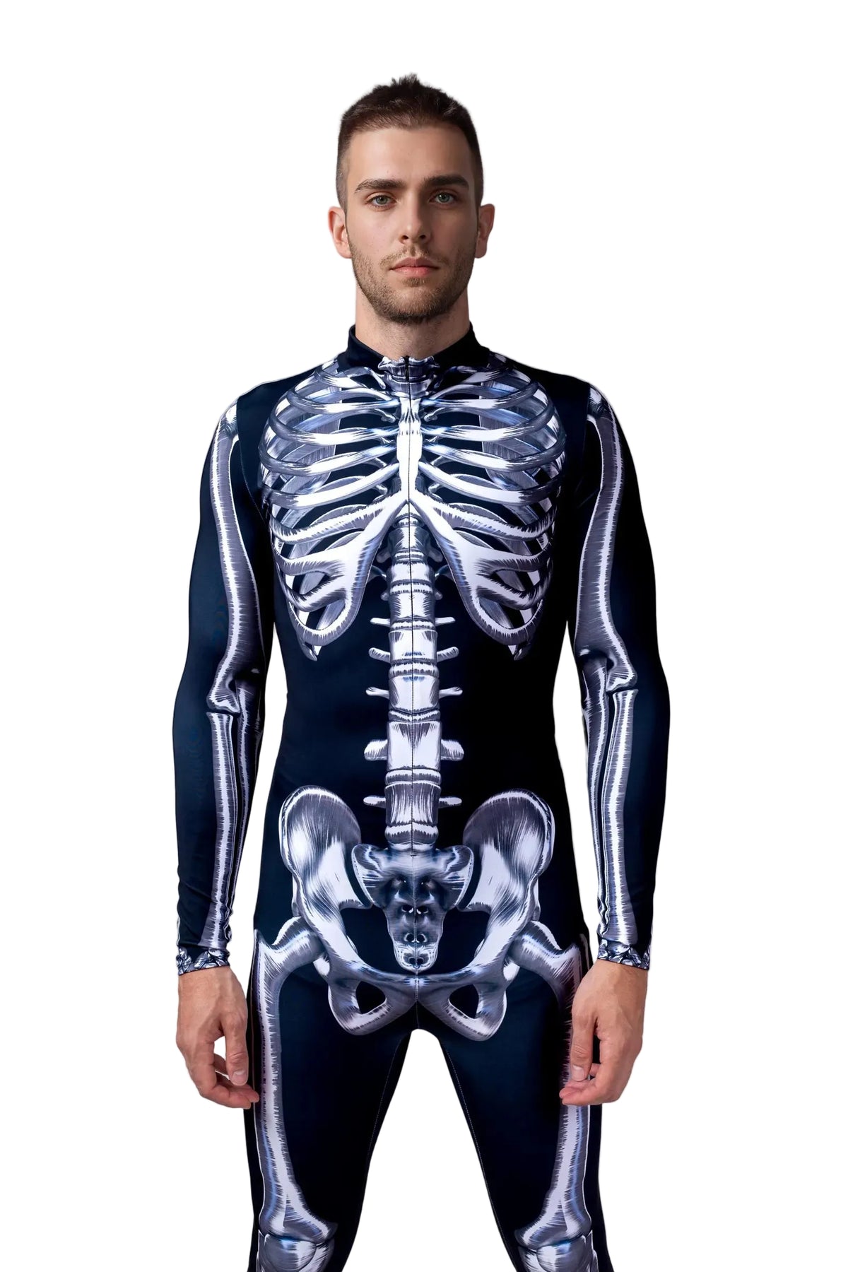 Full-length side and back view showing athletic fit on Men's Silver Bones Skeleton jumpsuit