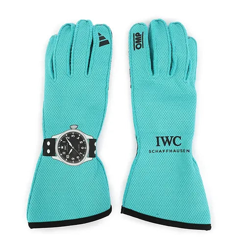 Pair of teal gloves with IWC Schaffhausen branding on a white background