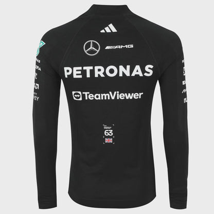 Black long-sleeve shirt with sponsor logos on a light gray background