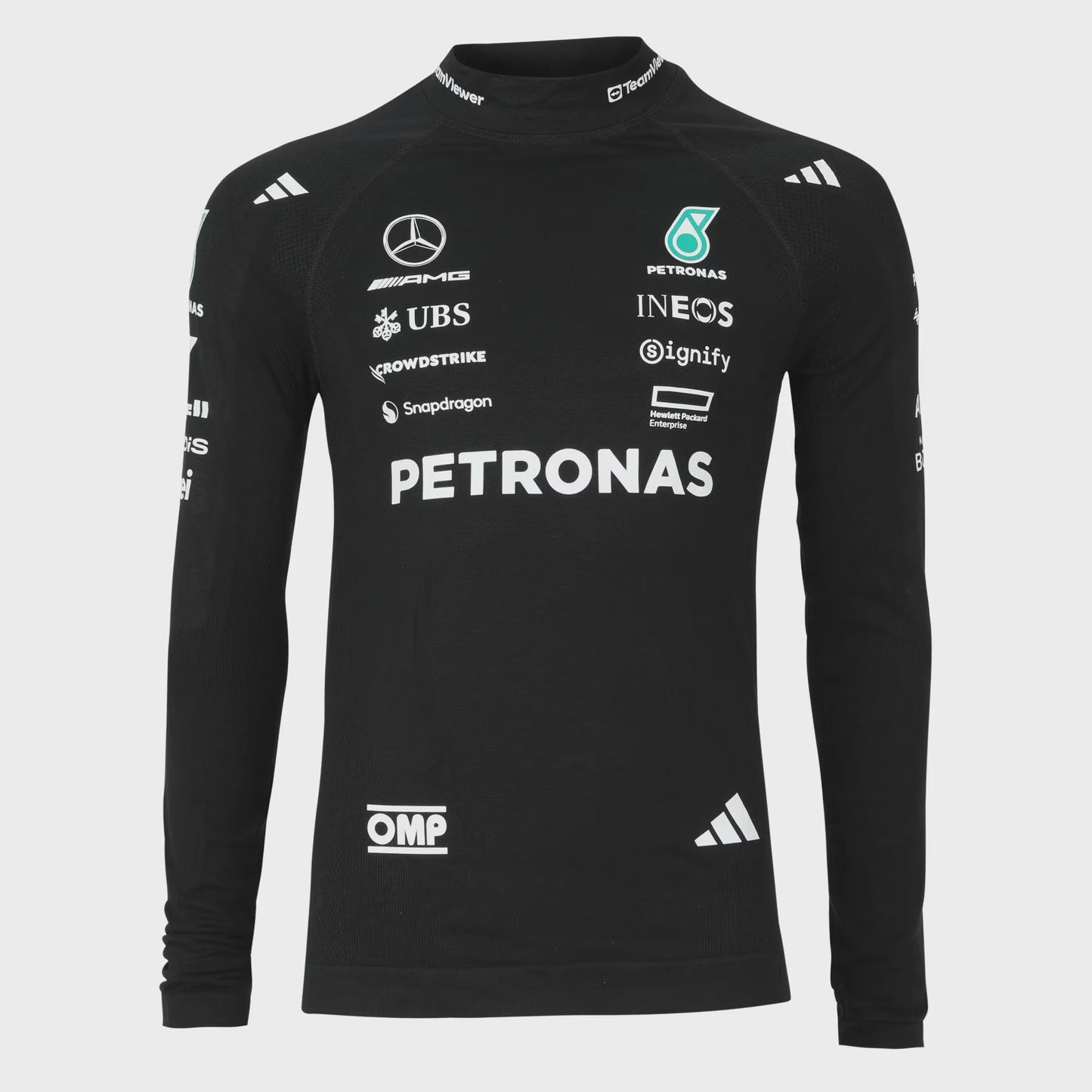 Black long-sleeve shirt with various logos on a light gray background