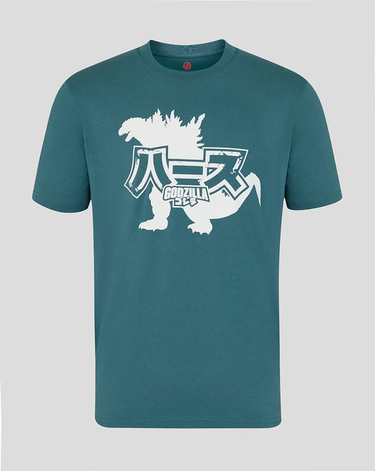 Front view of the teal green Godzilla x Haas F1 Team crossover unisex t-shirt showcasing a large white monster silhouette graphic and Japanese Kanji text by TassFit Performance.