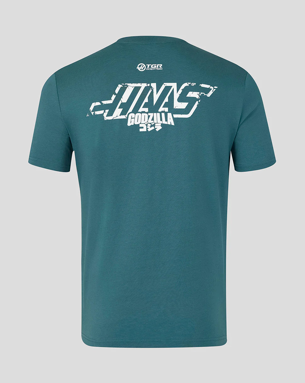 Back view of the green Godzilla x Haas F1 collaboration tee featuring the white team and monster logo graphic printed on the upper back