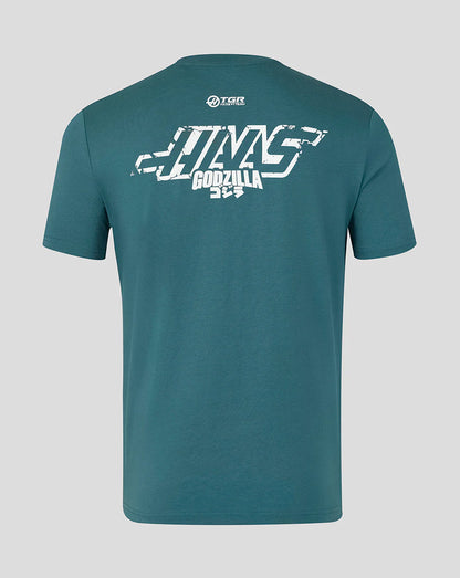 Back view of the green Godzilla x Haas F1 collaboration tee featuring the white team and monster logo graphic printed on the upper back