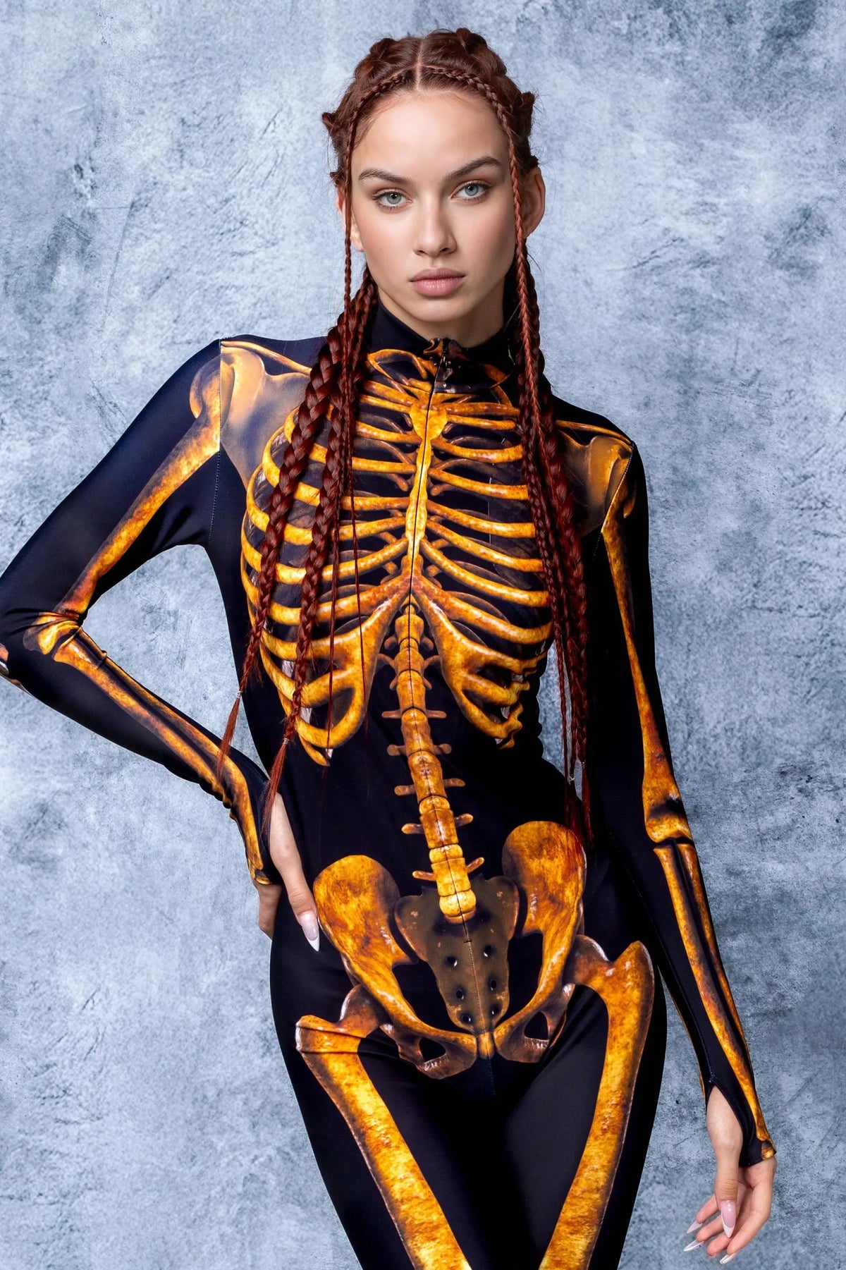 Front view of Golden Skeleton Women's Halloween full bodysuit featuring mock neck and long sleeves