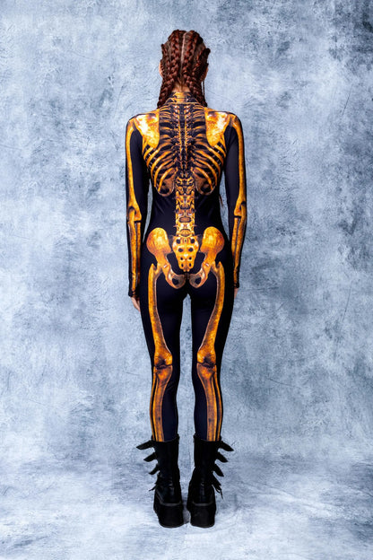 Back view showing body-contouring fit and full coverage on Women's golden skeleton costume
