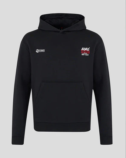 Front view of Haas F1 Team inspired unisex world tour relaxed fit hoodie in black with minimalist white and red chest logos by TassFit Performance.