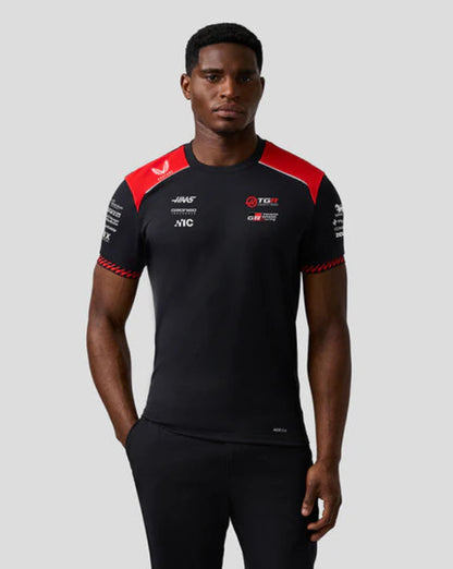 Haas F1 Team 2026 mens driver t-shirt replica front view with sublimation printed logos