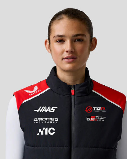 Close-up of the front zipper and collar design on the Haas F1 Team inspired performance vest.